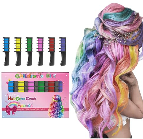 New Hair Chalk Comb Temporary DIY Hair Color for girls kids age 4 5 6 7 8 9 10 Washable Hair Chalk for Christmas Birthday Cosplay (Blue, Yellow, Purple, Red, Green, Pink)