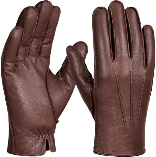 GSG Fur Lined Leather Gloves for Men, Winter Driving Gloves,Sheepskin,Brown