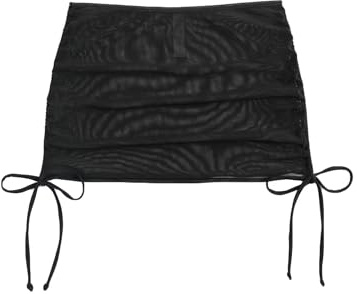 Falainetee Women's Drawstring Solid Mesh Sheer Summer Bikini Cover Up Skirt Black S