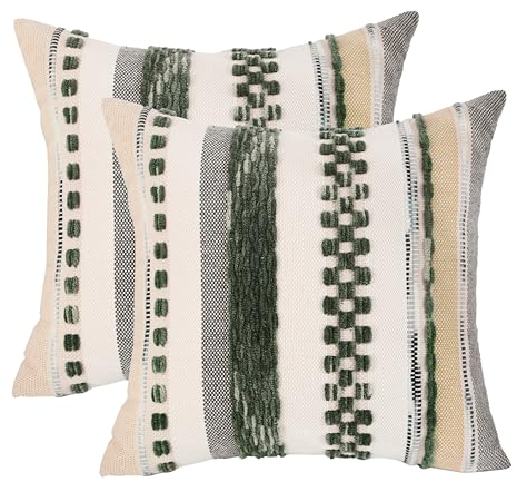 Tosleo 2er Set Kissenbezug Chenille 45x45cm Baumwollmischung Kissenhülle Sofakissen Streifen Dekokissen Boho Deko Kissenbezüge für Sofa Wohnzimmer Schlafzimmer Outdoor Kissen (Grün, 45 x 45 cm)