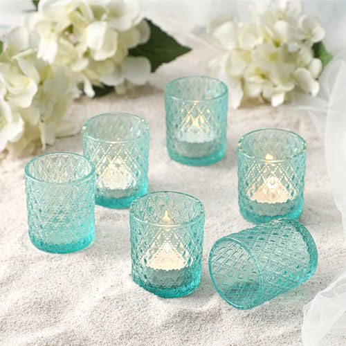 12 Pcs Votive Candle Holders, Tea Light Candle Holders for Table Centerpiece, Glass Candle Holder Set Wedding Centerpieces & Summer Table Home Decor (Blue)