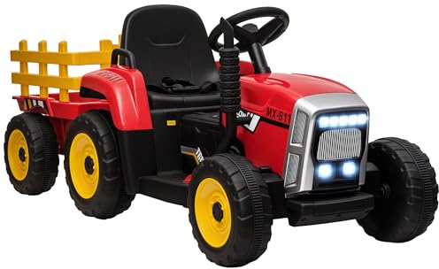 Aosom 12V Ride on Tractor with Trailer, 25W Dual Motors, Battery Powered Electric Tractor with Remote Control, Music Startup Sound and Horn, LED Lights, Red