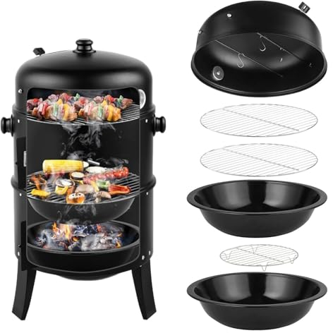 Fumoir à charbon portable 3 en 1, 81,3 cm, fumoir vertical d'extérieur avec thermomètre intégré et crochets – Grilles à charbon avec fumoir à viande pour l'extérieur, la cuisine, le barbecue, le
