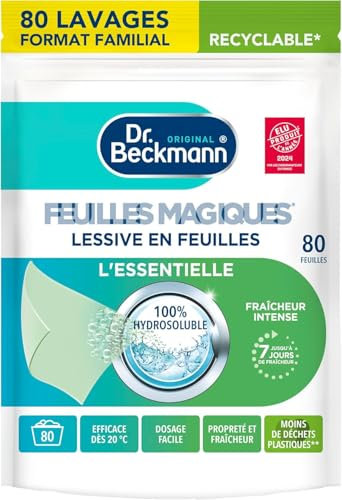 Dr. Beckmann - Lessive en feuilles L'ESSENTIELLE - Feuilles Magiques - Désinfectant Linge Pré-Dosé, Pratique et Léger - 100% Hydrosoluble - Produit Ménager Maison Facile à Utiliser - 80 Feuilles