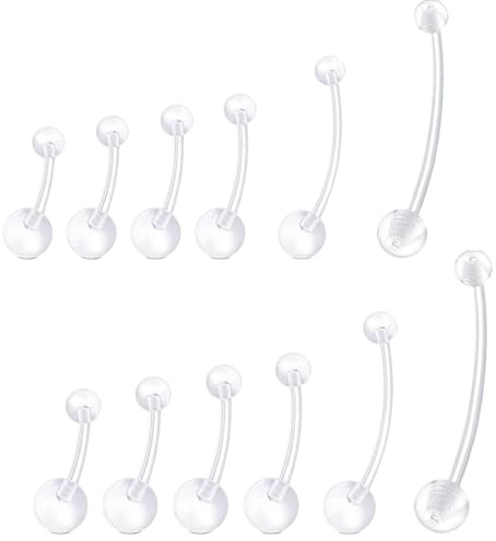 QttvbTna 14G Pregnancy Belly Bar Retainer,12 Pcs Flexible Bendable Clear Plastic Navel Piercing Balls, 1.6mm Long Belly Bar Belly Button Piercing for Pregnant Women