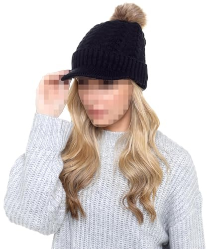 A2Z Dammössa Kabelstickad toppad sherpafodrad Avtagbar fuskpäls Pom Pom Mössor Slitstark - Hat LH873 Cream One Size