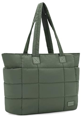 VASCHY Tote Bag for Women, Lightweight Quilted Puffer Work Tote with Laptop Compartments Large Puffy Handbag for Nurse/Teacher/Travel/Gym Green