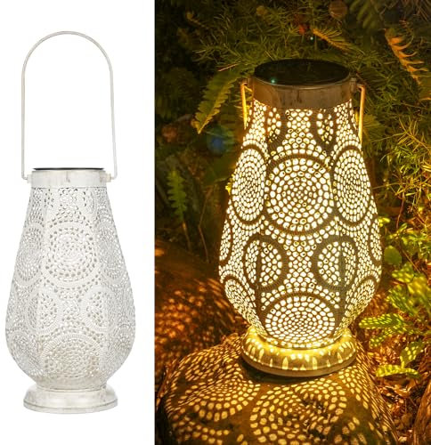 JOYCREATOR Metall Solar Laternen für Draußen, LED Solarlaterne für Außen IP65 Wasserdicht, Orientalische Solarlampen für Außen Garten Freien Hängen für Balkon Terrasse Gehweg Patio Deko(Weiß/Große)