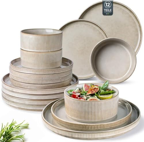 GBhome Stoneware Dinner Sets for 4 People, 12 Pieces Reactive Glaze Handcrafted Plates and Bowls Set, Scratch Resistant Dinnerware Set, Dishwasher & Microwave Safe Crockery Set, Cappuccino
