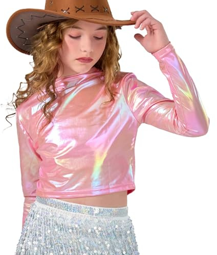 LOLANTA Metallisk Kort Topp för Flickor, Halv Rundkrage, Glittrig Dansskjorta för Hip Hop, Disko, Scen och Fester, Rosenröd, 12-13 år