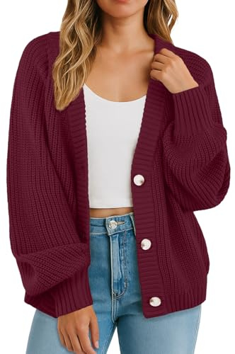 GRECERELLE Women's Cardigans Soft Long Sleeves Jumpers Ladies Knit V Neck Oversized Sweater Loose Chunky Cardigan with Buttons for Women UK,Autumn,Winter, Spring (Burgundy, XL)