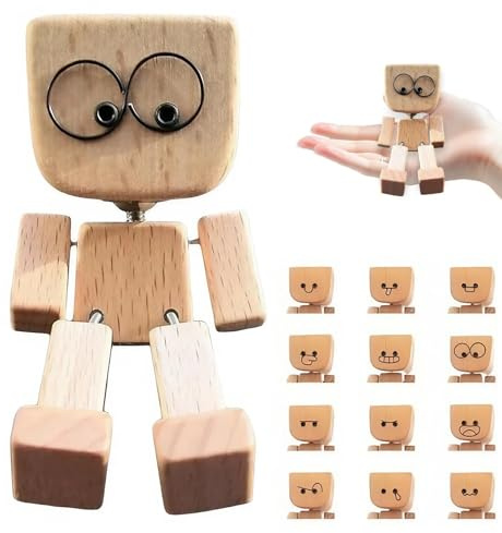 DSXVJHD Shaking Wooden Man Figurine, Handmade Shaking Feet Wooden Doll with Magnetic Action, 12 Expressions Wood Desktop Car Dashboard Ornament, Action Figure for Home Car Office