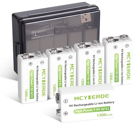 MCYIERDE 5 Pack 9V Lithium Batteries, 1300mAh Rechargeable 9 Volt Batteries with USB-C Cable, Long-Lasting Power for Smoke Detector, Microphone and More Devices