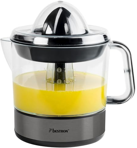 Bestron Spremiagrumi, 0,7 L, Caraffa Rimovibile, Coperchio Trasparente, Due Coni per Agrumi Piccoli e Grandi, Doppio Senso di Rotazione, 40 W, Colore: Grigio Metallizzato Scuro