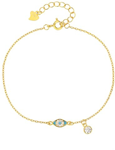 MYSTIC JEWELS - Bracelet en argent 925 plaqué or avec œil turquoise, zircon cubique, breloque mobile, réglable 16 + 3 cm
