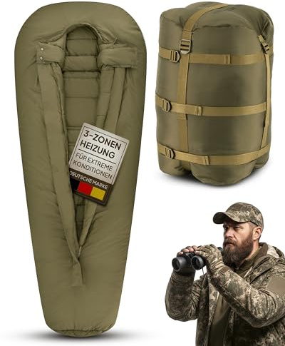 EXPLORER Beheizbarer Schlafsack | Protector 220 | (3-Stufen Heizung) | XXL Winterschlafsack 220x80cm | Extrem bis -32,9°C (450GSM) | BW Military Biwak Olivgrün für Camping, Angeln & Survival