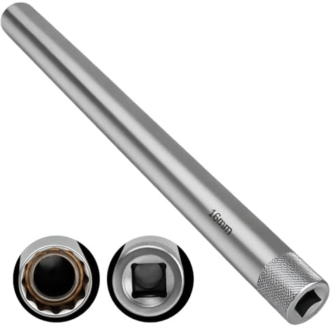 RowGlow llave de bujías 16 mm 3/8 12 caras larga 250 mm, llave bujias larga 16 mm 12 caras 3/8 para automóviles, acero al cromo-vanadio (16mm)