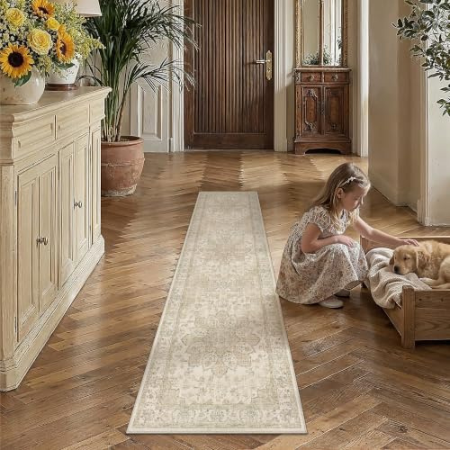 PureCozy Vintage Alfombra Pasillo 60x240cm Beige Cocina Alfombras Lavable Antideslizante Larga Tapete Habitacion Dormitorio Pie de Cama Comedor Carpet Pelo Corto Rug