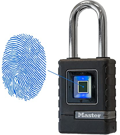 Master Lock 4901EURDLHCC Candado biométrico de alta resistencia Impermeable, Cerradura con huella dactilar y candado direccional de seguridad, Arco largo, Adecuado para aplicaciones de exterior
