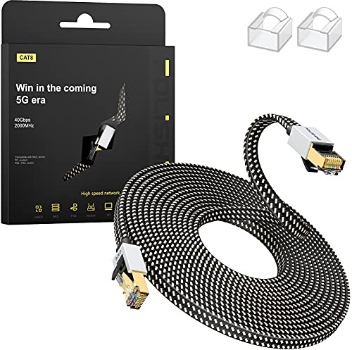 Cable Ethernet Cat8 de 5M, Cordón de Remiendo de Lan de Nylon Trenzado de Alta Velocidad, Cable Plano Blindado RJ45 de 40Gbps 2000Mhz, para el Módem/Enrutador/Conmutador más rápido que Cat5e/Cat6/Cat7