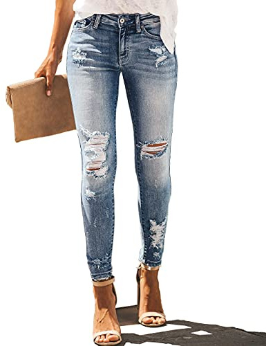 Allimy Women's High Rise Skinny Stretch Ripped Jeans High Waisted Destroyed Denim Pants Size 10 Blue