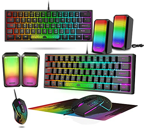 LexonElec Tastatur Maus Set Champing Zubehör PC Pack Combo – 60 Prozent Ultrakompakte Leuchtende Mini Tastatur QWERTY Layout Und 6400 DPI Maus Gaming Bass Lautsprecher Atmungsaktives Mauspad