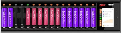 ISDT N16 LCD Display Universal Battery Charger , 16-Slot Speedy Smart Fast Charger for Rechargeable Batteries AA AAA Li-lon LiHv Ni-MH Ni-Cd LiFePO4 Discharge Protect Function, Black, 464x108x57 mm