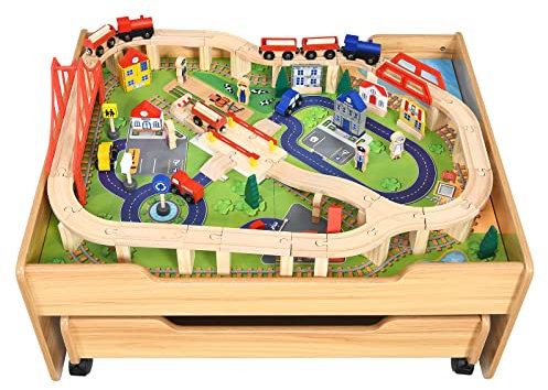 COSTWAY 100 Pcs Train en Bois Jouet Circuit Voiture Enfant avec Table d'Activités, Ensemble chemin de Fer et Table Enfant avec Tiroir à Roulettes Verrouillables, Pistes, Trains, Voitures, 3 Ans+
