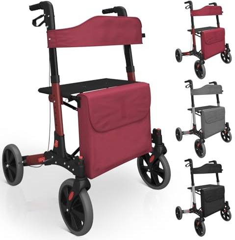 Jago® Rollator - 6-fach höhenverstellbar, Sitz mit Rückenlehne, 3-fach Faltbar, Leicht, 4 Räder, Bremsen, Einkaufstasche, Stockhalter, Rot - Gehhilfe, Laufhilfe, Gehwagen, Leichtgewichtrollator