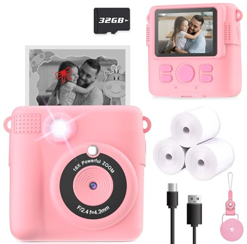 ESOXOFFORE Instant Print Camera for Kids, Christmas Birthday Gifts Girls Boys Age 3-12, HD Digital Video Cameras Toddler, Portable Toy 3 4 5 6 7 8 9 10 Year Old Girl with 32GB SD Card-Pink