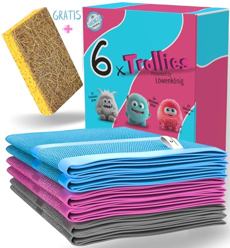 LÖWENKÖNIG® TROLLIES Premium [6 STÜCK] Allzweck-Mikrofasertücher Streifenfrei, Magische Putztücher, Fenstertücher [Glanz NUR mit Wasser Ohne Chemie] Trockentücher, Poliertücher, Bad, Küche, Autopflege