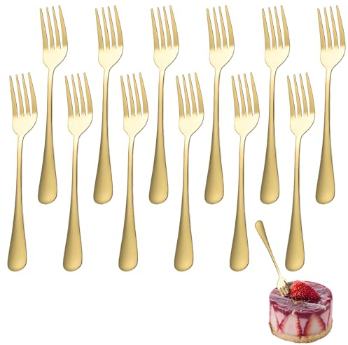 Sporgo 12 forchette da dessert in acciaio inox, 17 cm, forchetta dorata, forchetta per frutta, forchetta piccola per famiglie, ristoranti, mense, lucidate, lavabili in lavastoviglie