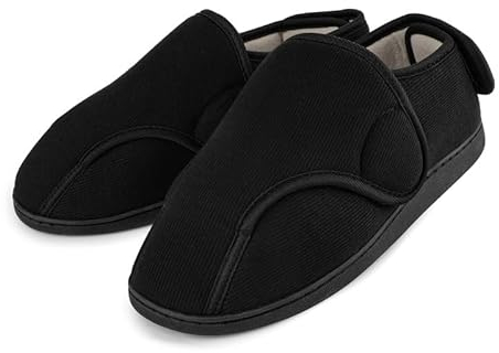 TIESTRA Chaussons Chauds D'hiver pour Hommes,Chaussons Diabétiques en Peau D'agneau Synthétique,Chaussons en Feutre à Larges Pieds,Semelle en Mousse à Mémoire de Forme,Hook and Loop Chaussons, Noir 43