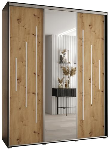 ABIKSMEBLE Davos 13 200 Armario Correderas Tres para Dormitorio - Armario Moderno con Espejo, Barra y Estantes - 235,2x200x45 cm Nero Artisan Plateado