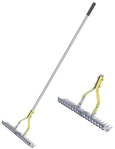 BARAYSTUS Straw Rake, Lawn Rake with 148 cm Adjustable Long Handle Robust Garden Leaf Grabber Made of Carbon Steel, Multi-Purpose Lawn Comb for Weeding, Fertilising Lawn Thatching Rake Cleaning Dead