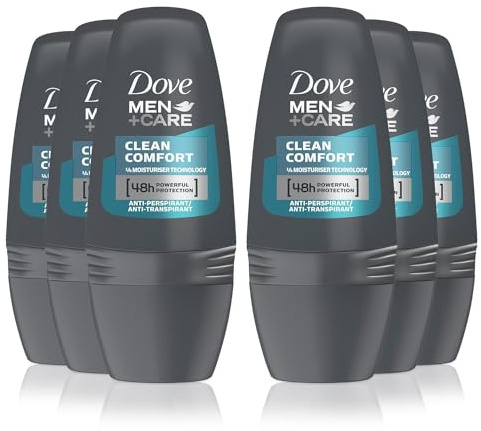 Dove Men + Care Clean Comfort Anti-Perspirant Deodorant Roll On with Advanced ¼ Moisturizer technology giving 48 Hours Powerful Protection, 50 ml (6 Pack)