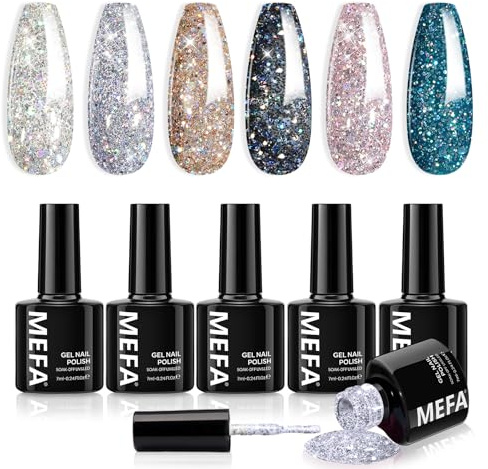 MEFA UV Nagellack Glitzer, 6 Farben Rosa Schwarz Blau Silber Farben 7 ML Soak Off UV LED Gel Nagellack Set für Gelnägel Nail Art Kit Maniküre Nageldesign Nägel Selber Machen