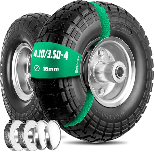 MOOVMOOV Rueda Maciza 4.10/3.50-4 (x2) Orificio para Eje de 16 mm - Cubo Desplazado de 55 mm - Para Carretillas, Carretillas de Mano, Carros, Etc. - Incluye Anillo de Bloqueo + Tapa Autolock