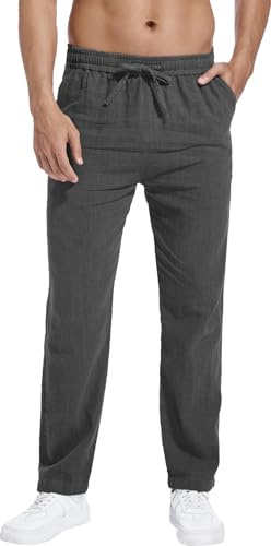 Hoerev Pantalon décontracté en Lin et Coton Respirez Facilement avec Un Pantalon léger de Bord de Plage,Gris foncé,3XL