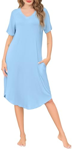 Wikoan Chemise de Nuit Femme Longue Robe de Nuit à Manches Courtes Vêtement de Nuit Doux Col en V Ete Robe Tee Shirt Femme avec Poches Bleu Clair S
