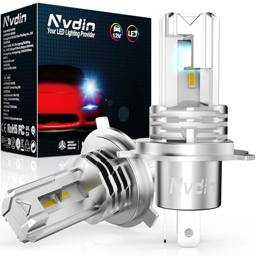 Nvdin bombillas h4 led 20000lm, lámpara para faros de coche y moto, muy compacto sin ventilador, tamaño halógeno 1:1, kit de luces de 12v para luces largas y cortas, 6000k blanco