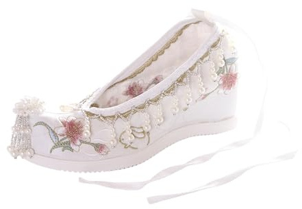 BJ-008-1 Fleurs en satin scintillant brodées avec chaînes de perles, vintage chanvre chinois Chaussures Escarpins Talon compensé Blanc, Blanc., 39 EU