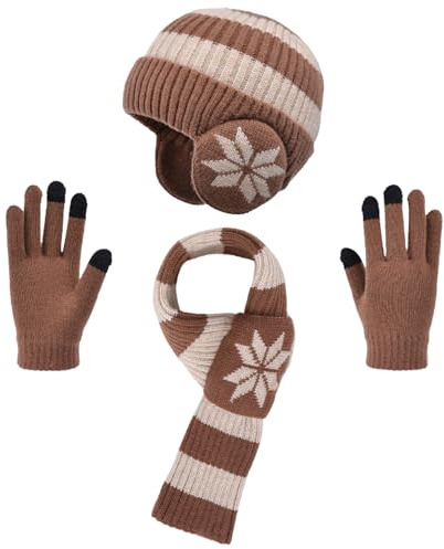 Fjquamitix 3PCS Kids Winter Hat Scarf and Gloves Set, Warm Thermal Knitted Beanie Cap with Earmuffs, Snood Neck Warmer Touchscreen Mitten with Soft Fleece Lining for Girls Boys Age 4-10 (D)