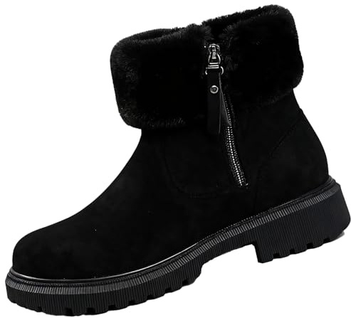 GHTRHSB Bottes de neige d'hiver rétro pour femme - Bout rond - Doublure en fausse fourrure - Chaudes - En daim - Bottes courtes avec fermeture éclair latérale, Noir , 39 EU