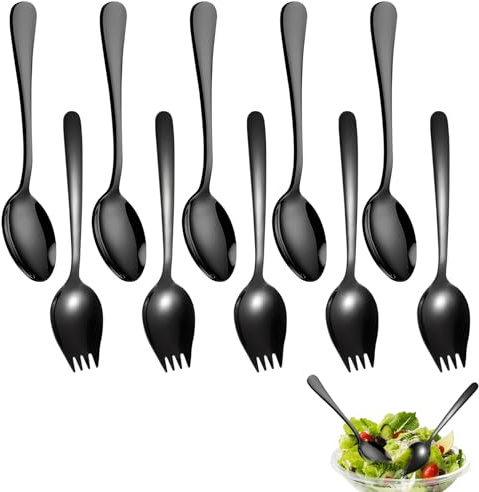 MENUY 10 Pcs Cuchara de Ensalada Acero Inoxidable, Tenedor Ensaladas, Limpieza del Lavavajillas, Adecuado Uso Doméstico, en Restaurantes y Fiestas (Negro)