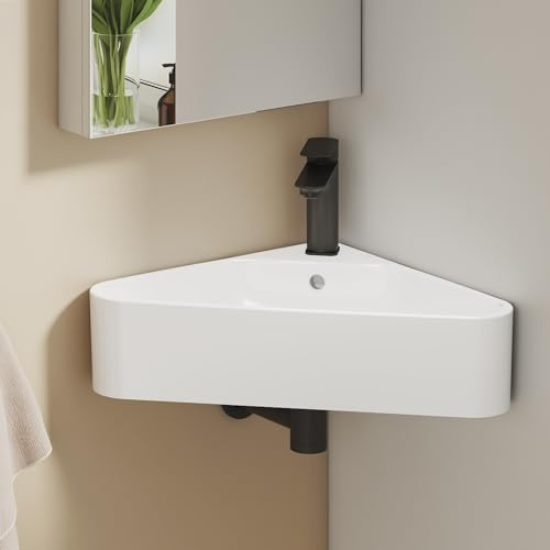 EMKE Lavabo de esquina 56,0 × 34,0 × 13,0 cm – Lavabo de cerámica triangular con agujero para grifo y rebosadero, lavabo pequeño ideal para baño y aseo de invitados, blanco