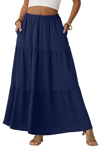 QIXING Womens Boho Maxi Skirts Flowy Elastic High Waisted A-Line Casual Long Skirts with Pockets Beach Holiday