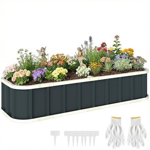 Outsunny - Jardinera elevada, acero galvanizado, cama de jardín con guantes y bordes plegados, cuadrado huerto de jardín para flores, hierbas, verduras, 165 x 52 x 31 cm, color gris oscuro