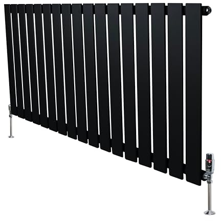 Flat Single Column Radiator 600mm x 1190mm & TRV Chrome Valves Modern Designer Single Panel Central Heating Heater Black Carbon Steel Horizontal FREE Cleaning Brush Fixing Kit & Brackets