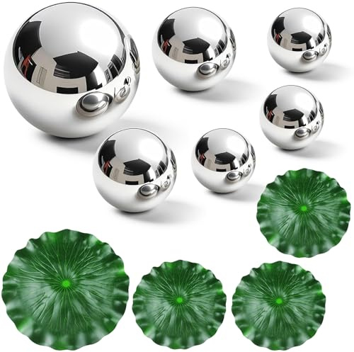 SHOWHEEL 6er Set Edelstahl Schwimmkugeln mit 4 Lotusblättern,Dekokugel Schwimmkugeln Silber, Schwimmende Teichdeko Miniteich, für Miniteich Terrassenteich Solarbrunnen Garten Balkon Teiche Deko